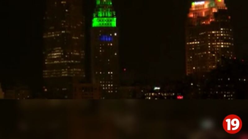 Terminal Tower glowed green and blue Feb. 24 for Rare Disease Day Cleveland.